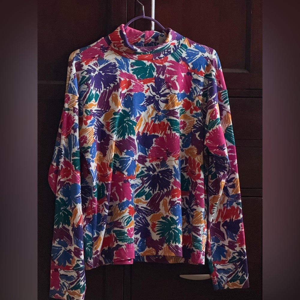 Colorful Floral Long Sleeve Turtleneck Top- Vintage